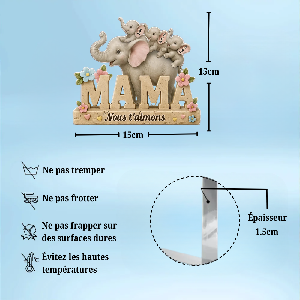 Plaque en acrylique personnalisée Éléphants Maman – Cadeau pour maman