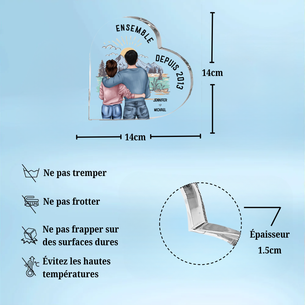 Cœur en acrylique avec couple et prénoms « ensemble depuis… » – Cadeau pour couple