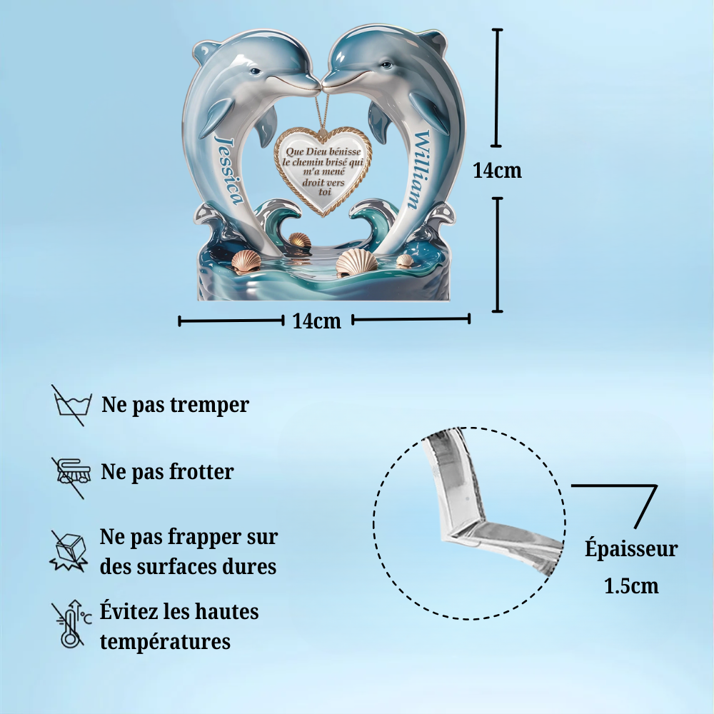 Plaque acrylique personnalisée avec dauphins et cœur – Cadeau pour couple