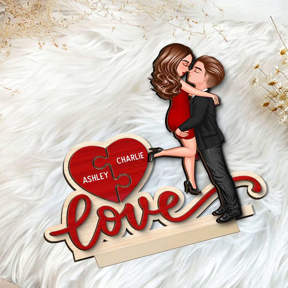 Love – Plaque en bois personnalisée avec 2 personnages et prénoms, cadeau pour couple