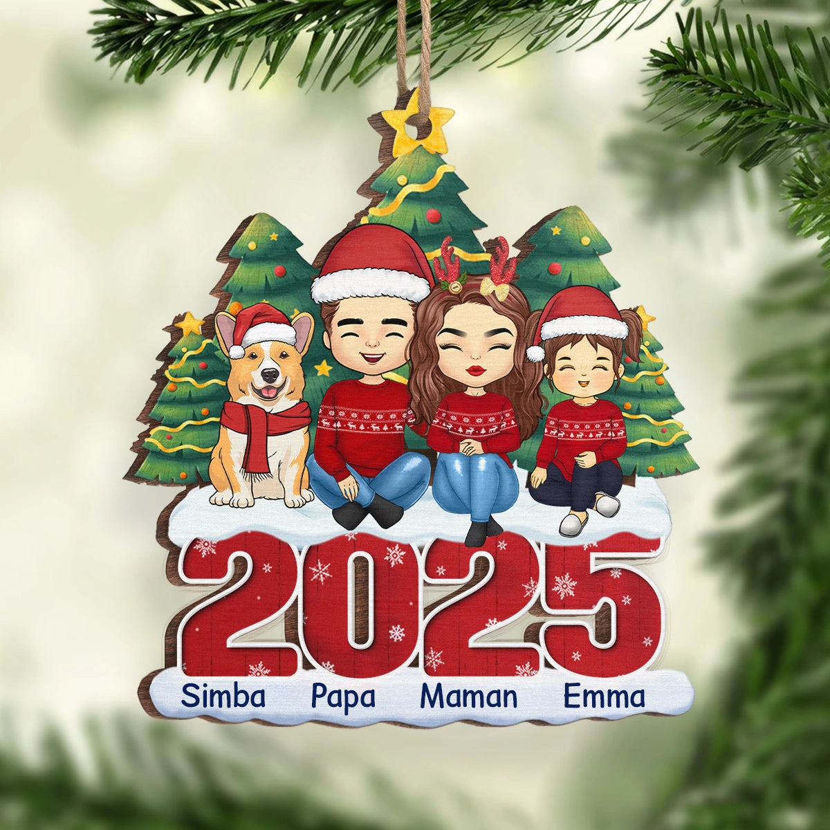 2025 Famille - Orement en bois personnalisé Décoration de Noël avec parents, enfants, chien et chat