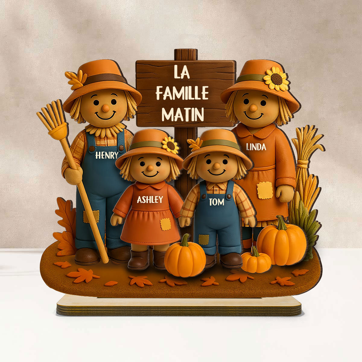 Épouvantails et citrouilles – Plaque en bois personnalisée pour la famille