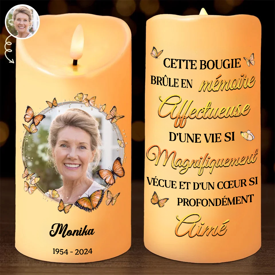 Bougie LED commémorative personnalisée avec papillons et photo
