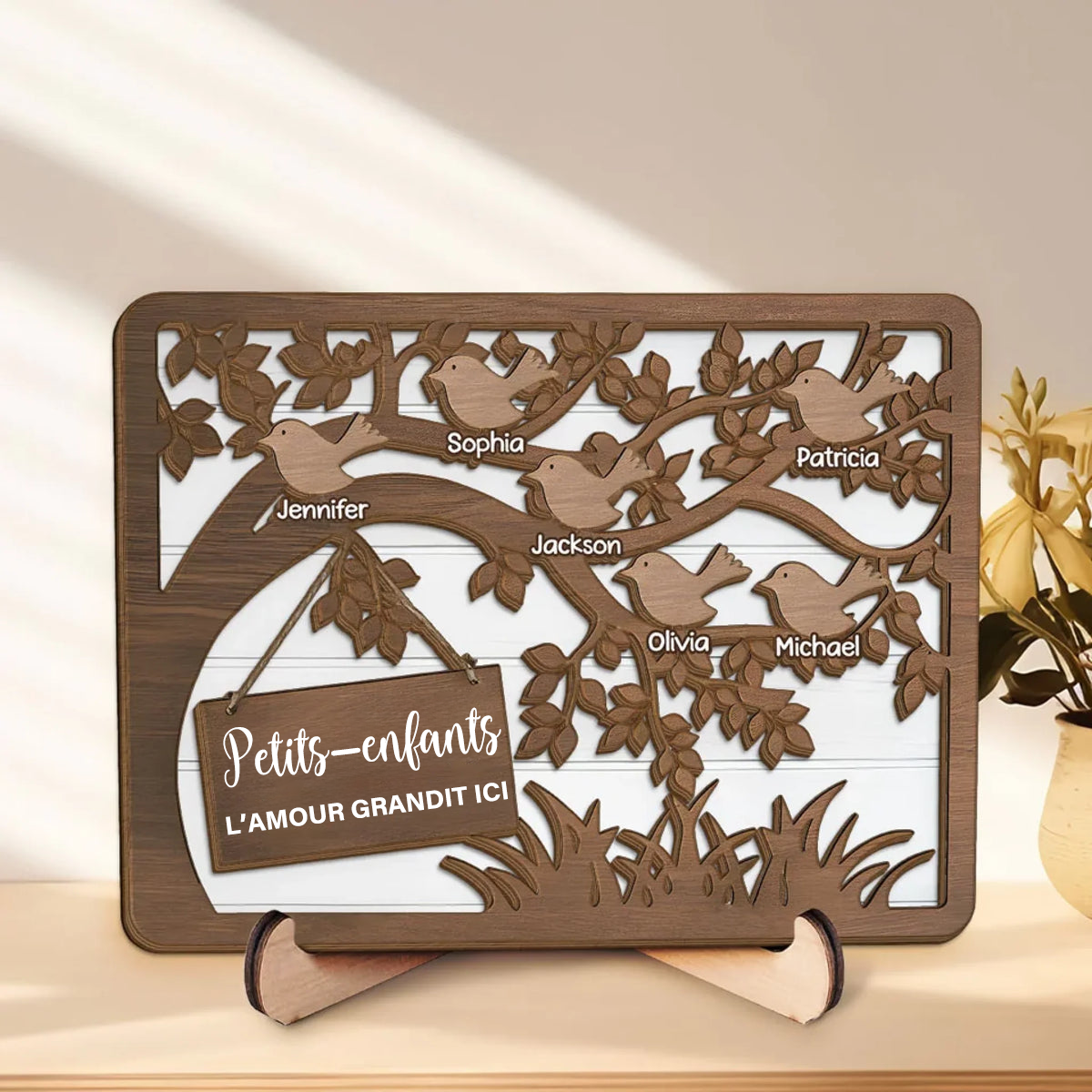 Plaque en bois Arbre et Oiseaux personnalisée avec 1 à 10 prénoms – Cadeau pour Mamie