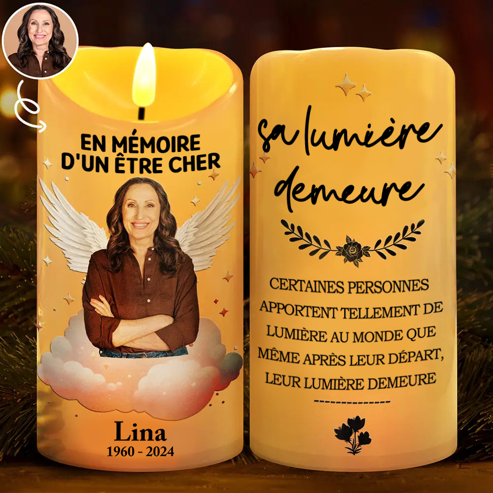 Sa lumière demeure- Bougie LED avec photo Cadeau commémoratif