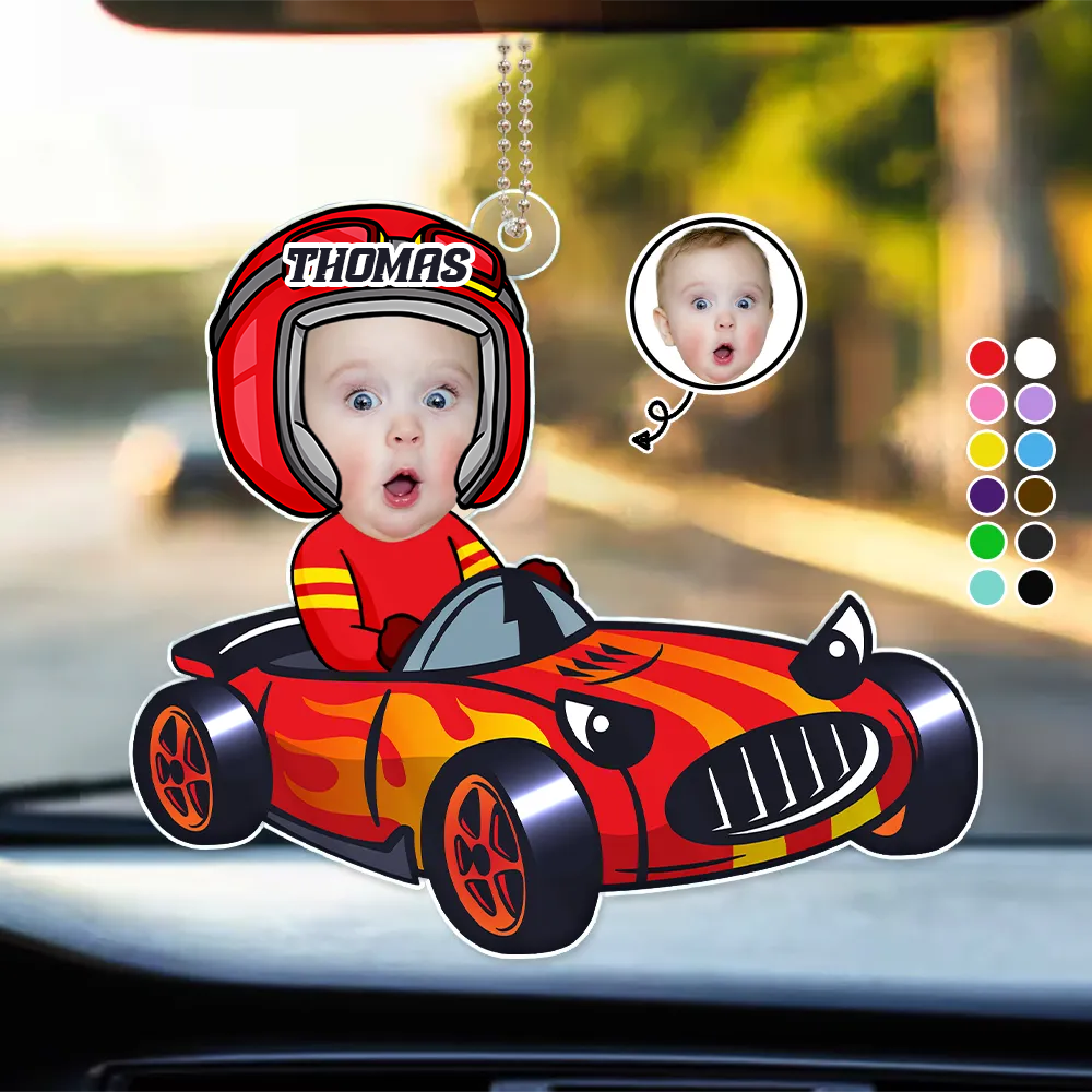 Pilote de course bébé – Ornement photo en acrylique
