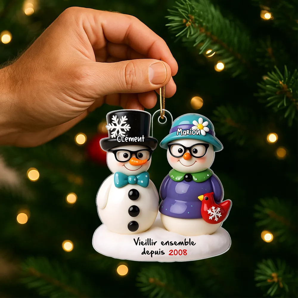 Couple de bonhommes de neige – Décoration de Noël personnalisée avec noms