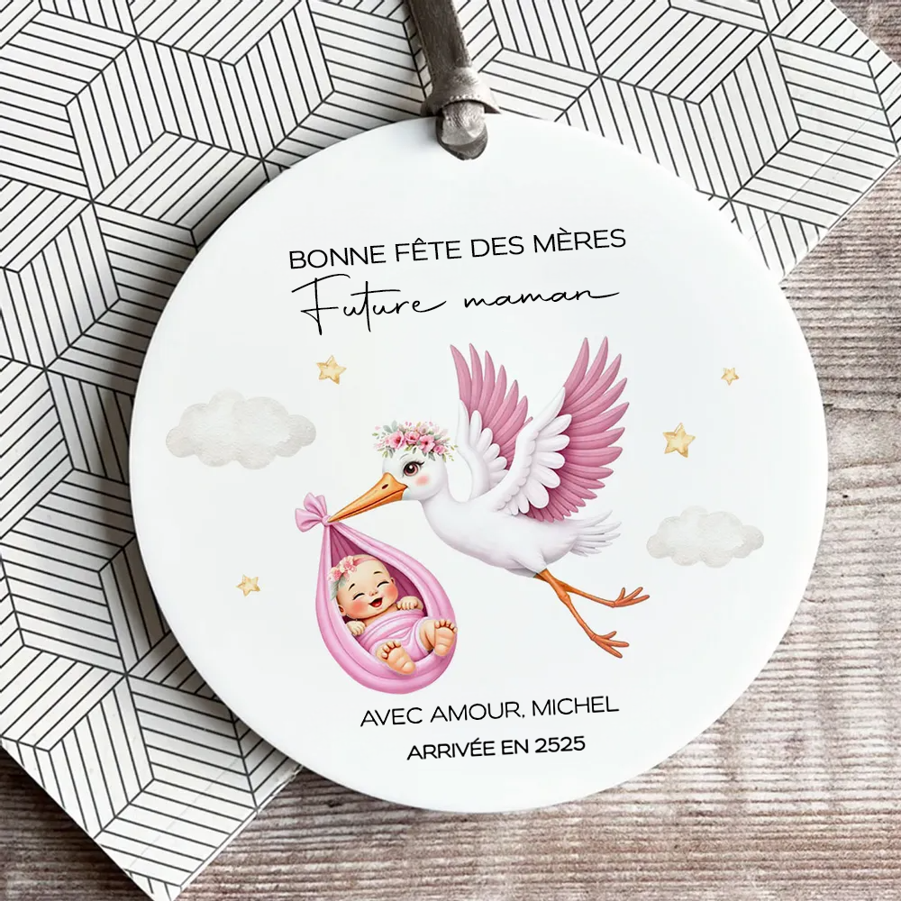 Cigogne et bébé adorables – Cadeau personnalisé pour future maman, pendentif en céramique