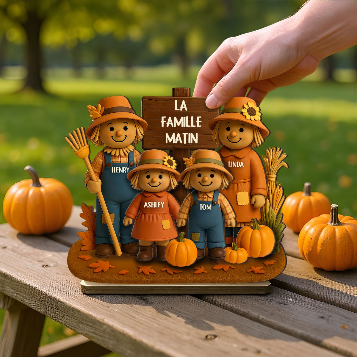 Épouvantails et citrouilles – Plaque en bois personnalisée pour la famille
