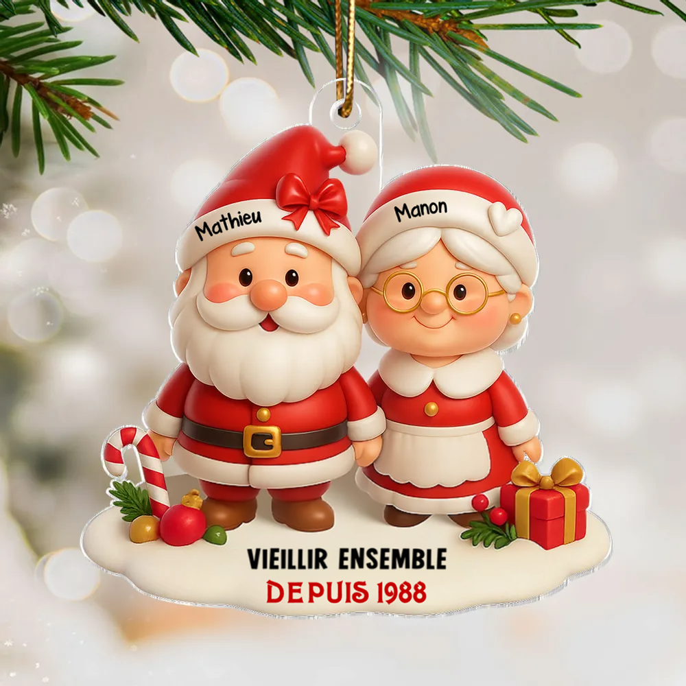 « Vieillir ensemble » – décoration de Noël personnalisée en acrylique avec couple de Pères Noël