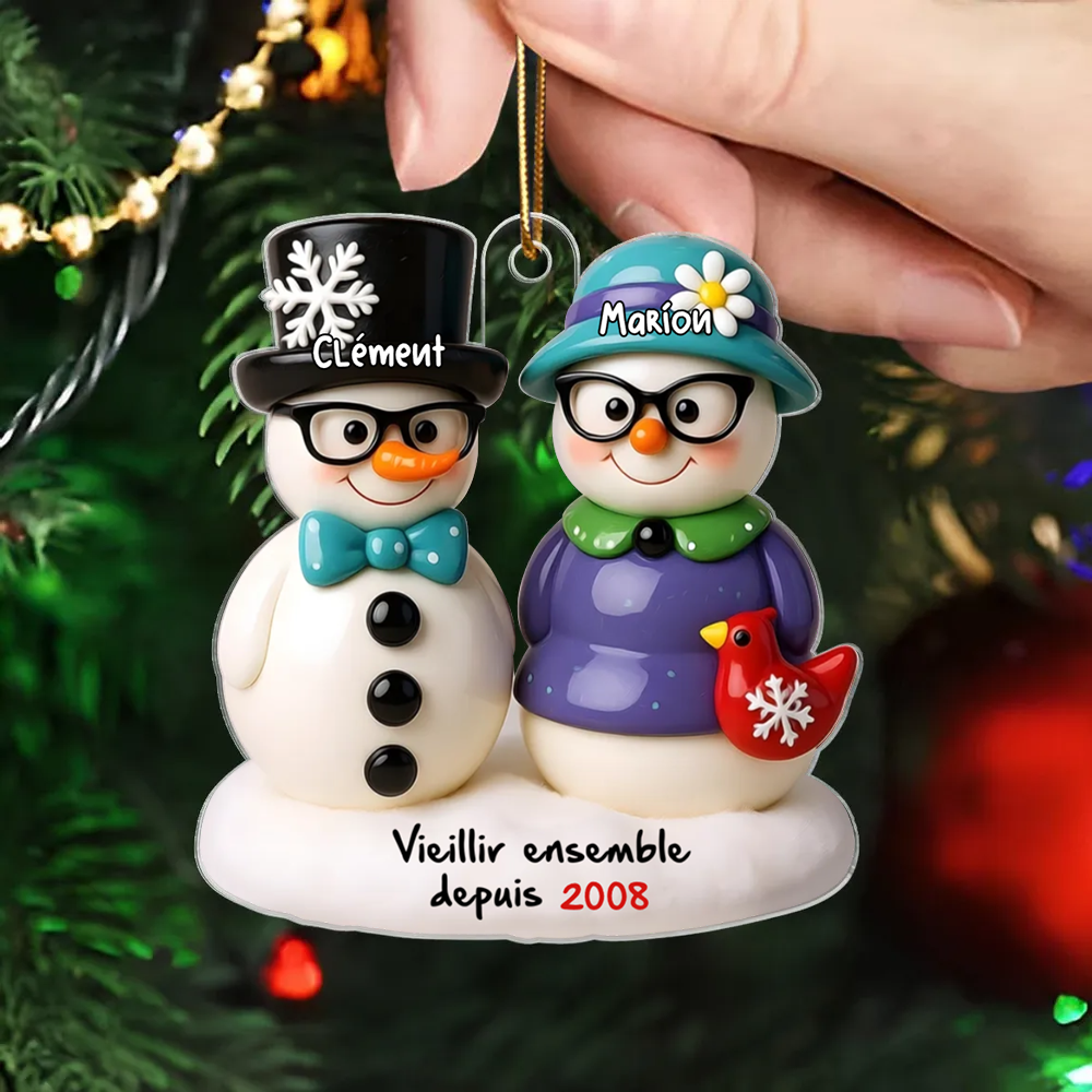 Couple de bonhommes de neige – Décoration de Noël personnalisée avec noms