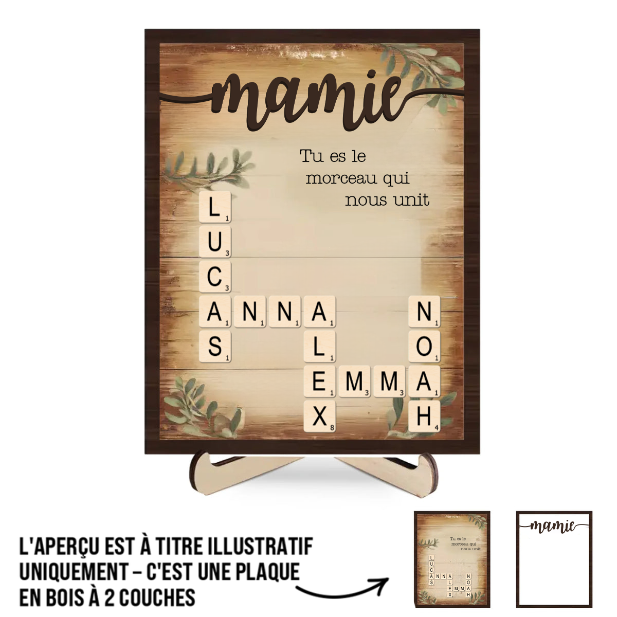Tableau en bois personnalisé style mots croisés – Cadeau pour Mamie