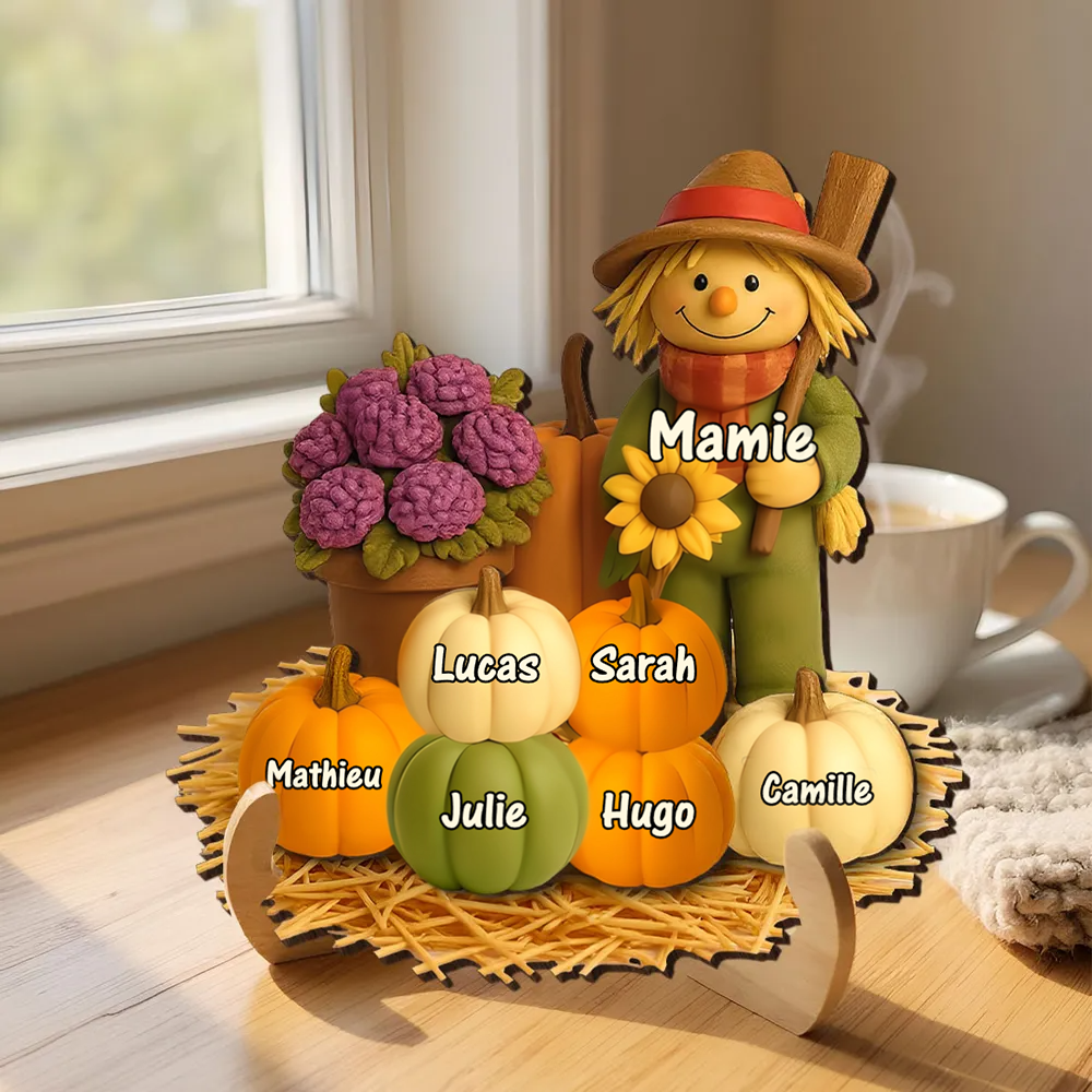 Plaque en bois personnalisée avec épouvantail et citrouilles – avec nom(s)