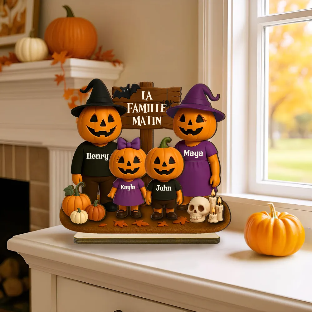 Famille Halloween avec citrouilles – Plaque en bois personnalisée avec noms