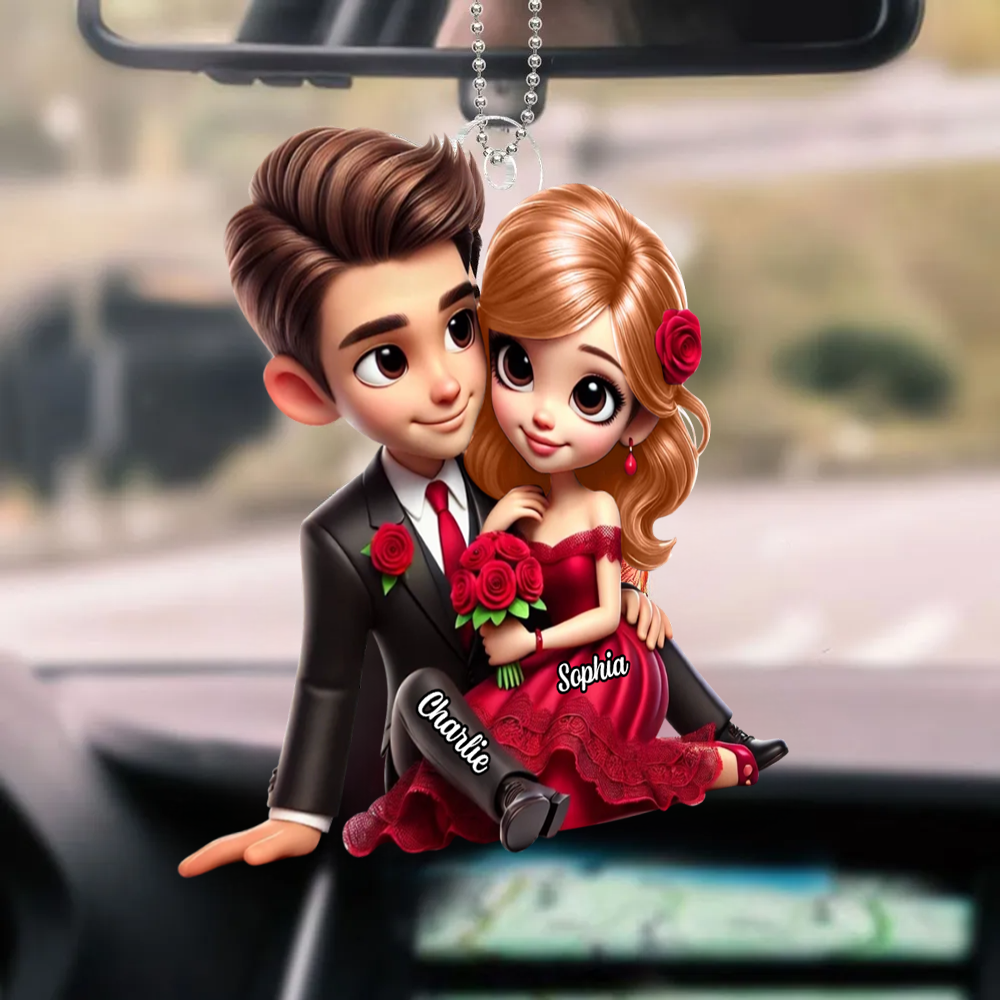 Couple avec bouquet de roses – Pendentif en acrylique personnalisé, cadeau pour couple
