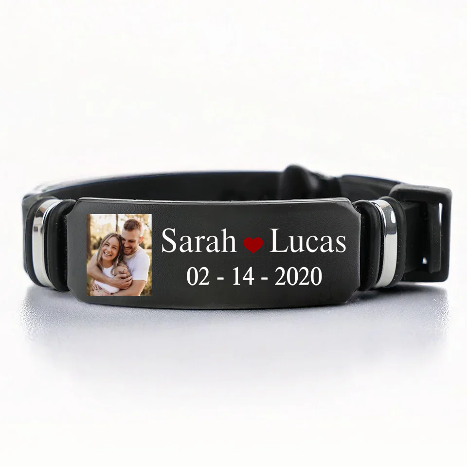 Bracelet en acier inoxydable avec photo et prénoms – Cadeau pour couple