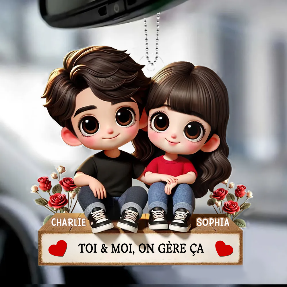 Pendentif en acrylique personnalisé avec illustration cartoon – Cadeau pour couple