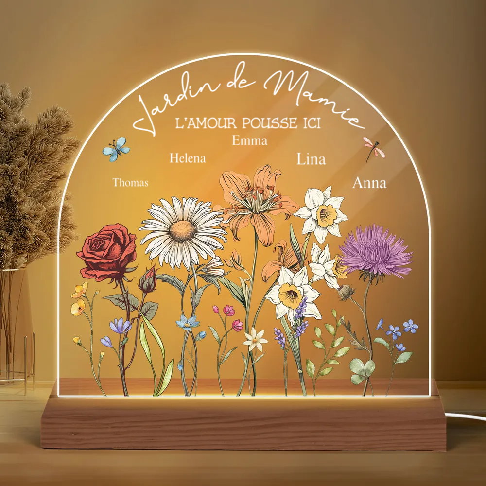 Jardin avec fleurs de naissance – Lampe de nuit personnalisée pour maman et grand-maman