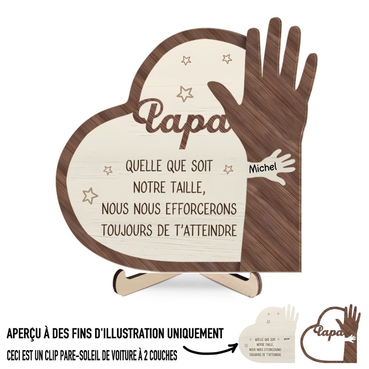 Tableau en bois personnalisé à deux couches "Main dans la main" pour Papa