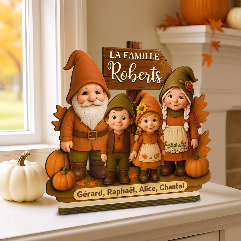 Famille de gnomes saison d’automne – Plaque en bois personnalisée avec noms