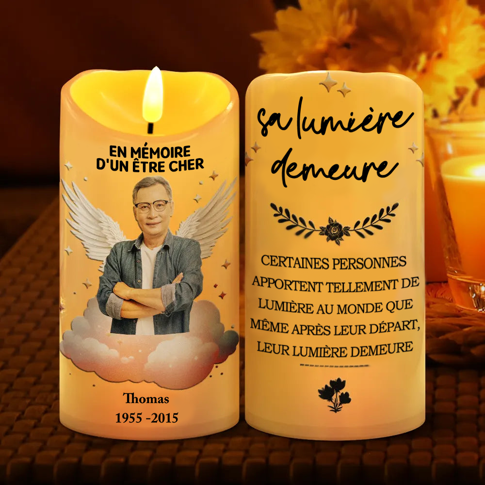 Sa lumière demeure- Bougie LED avec photo Cadeau commémoratif