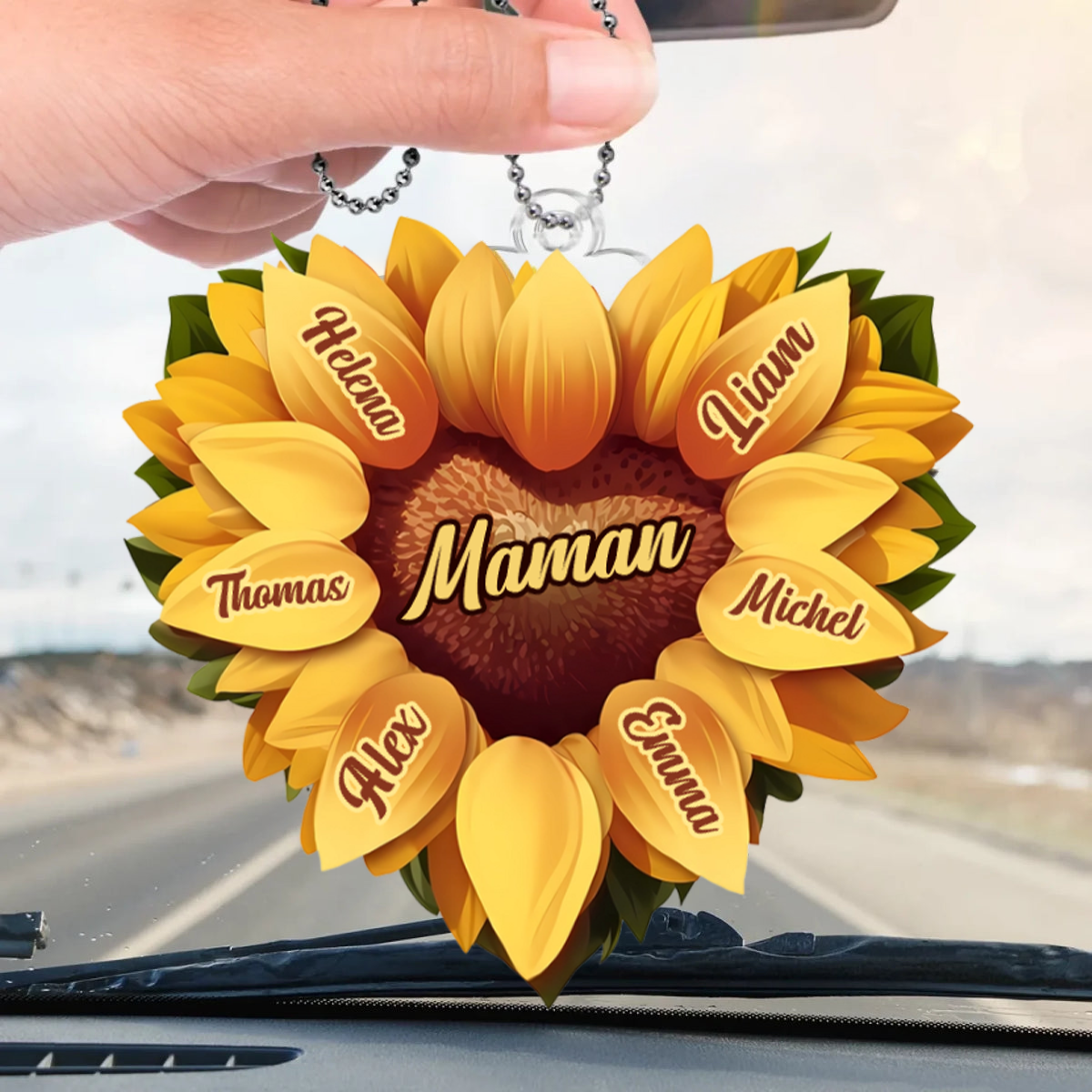 Pendentif personnalisé en forme de cœur avec tournesol et prénom