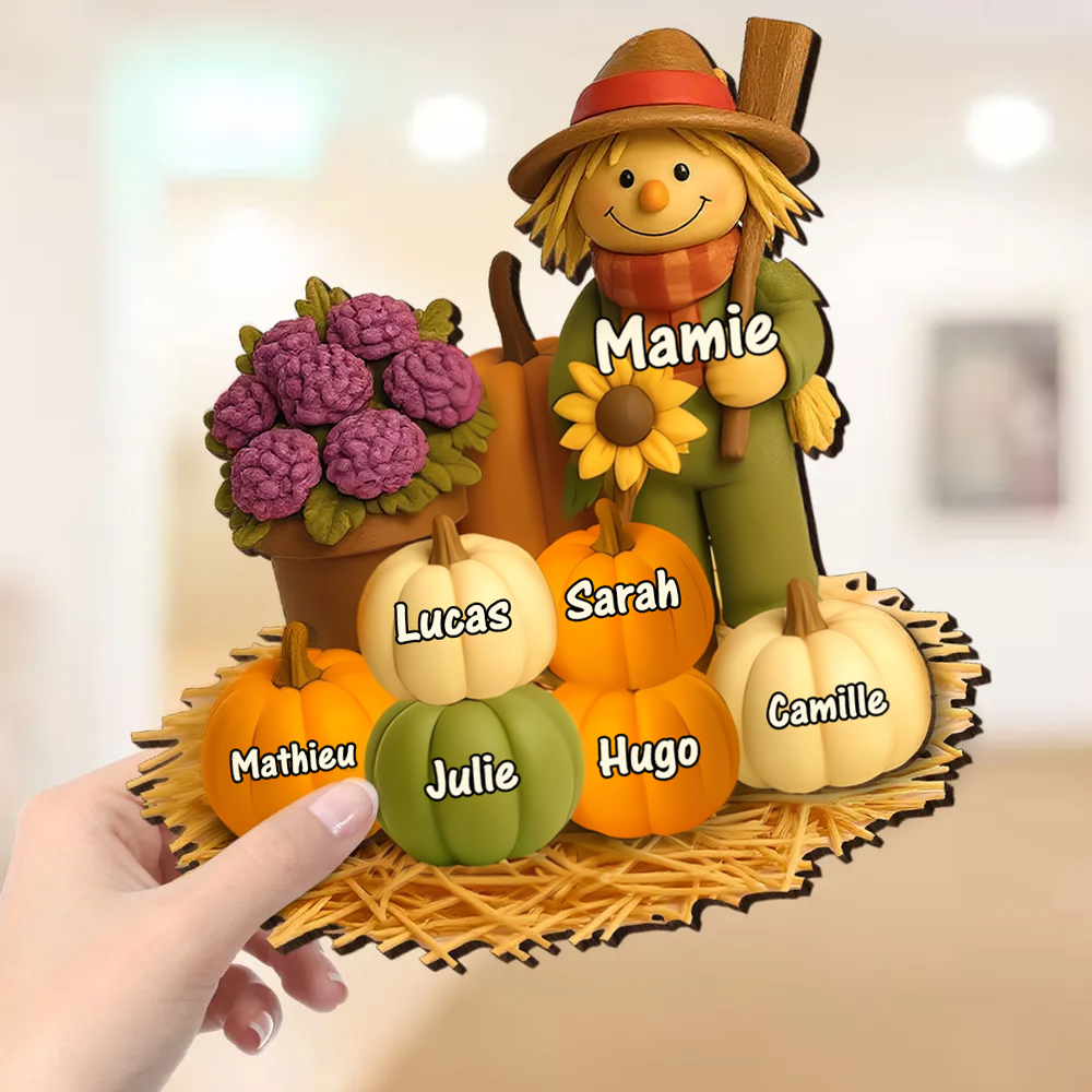 Plaque en bois personnalisée avec épouvantail et citrouilles – avec nom(s)