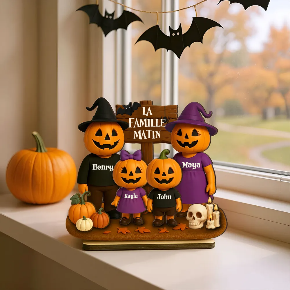 Famille Halloween avec citrouilles – Plaque en bois personnalisée avec noms