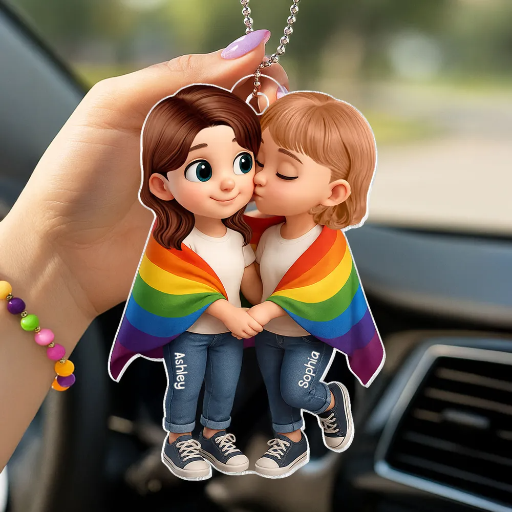 Couple avec couverture arc-en-ciel – Porte-clés auto en acrylique personnalisé, cadeau pour couples LGBT