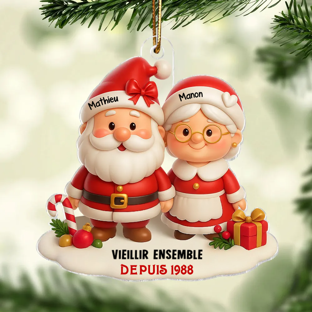 « Vieillir ensemble » – décoration de Noël personnalisée en acrylique avec couple de Pères Noël