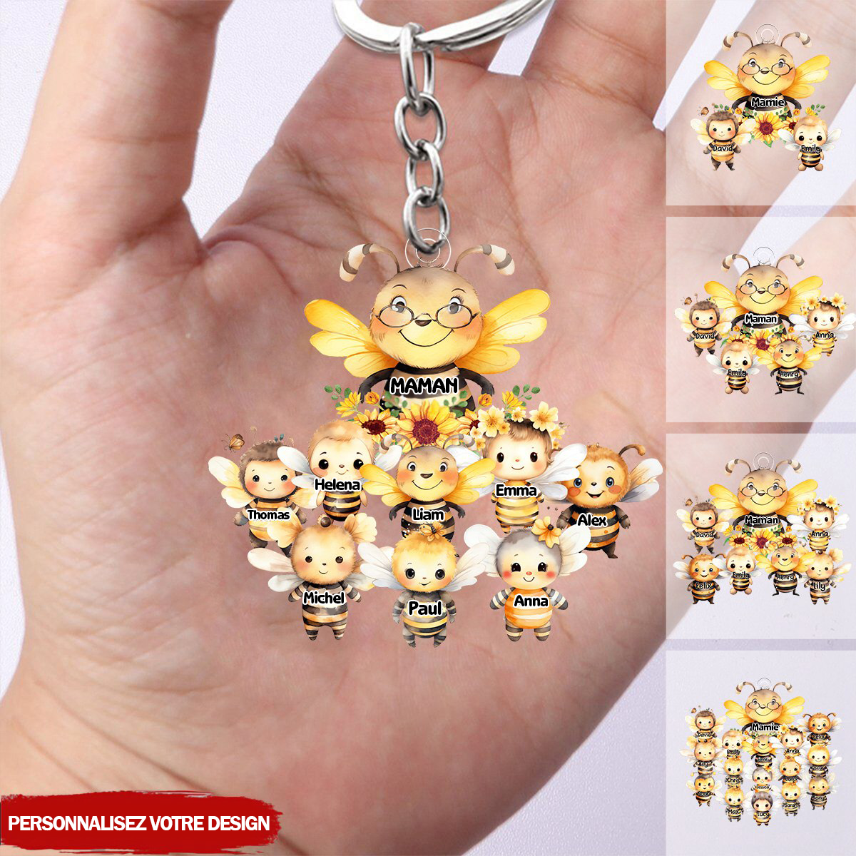 Porte-clés personnalisé avec des abeilles – Cadeau pour maman et mamie