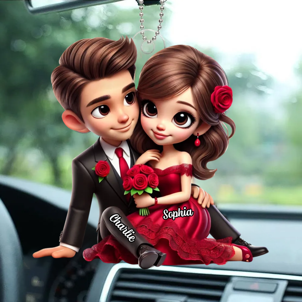 Couple avec bouquet de roses – Pendentif en acrylique personnalisé, cadeau pour couple