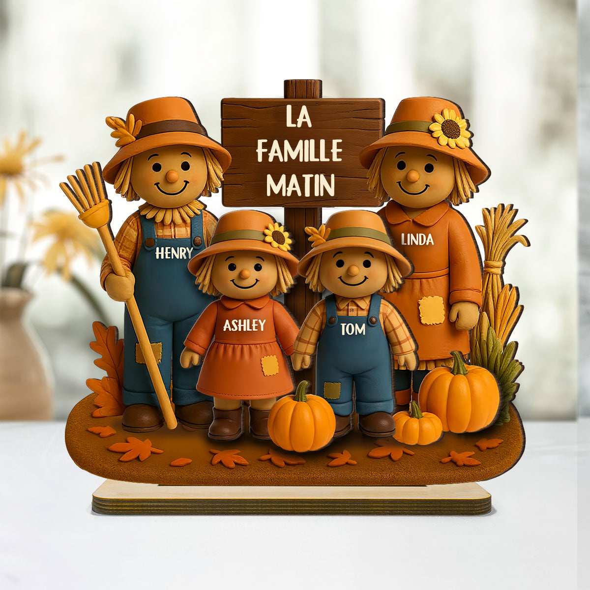 Épouvantails et citrouilles – Plaque en bois personnalisée pour la famille