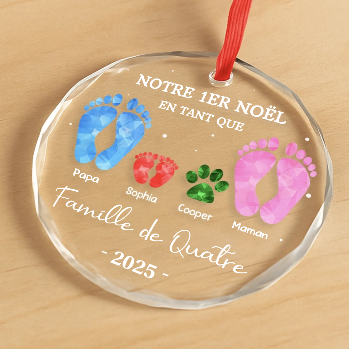Décoration en verre personnalisée « Notre premier Noël en famille à trois » Ornement de Noël