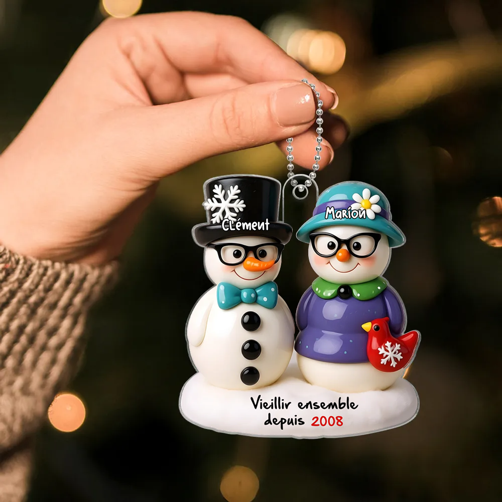 Couple de bonhommes de neige – Décoration de Noël personnalisée avec noms
