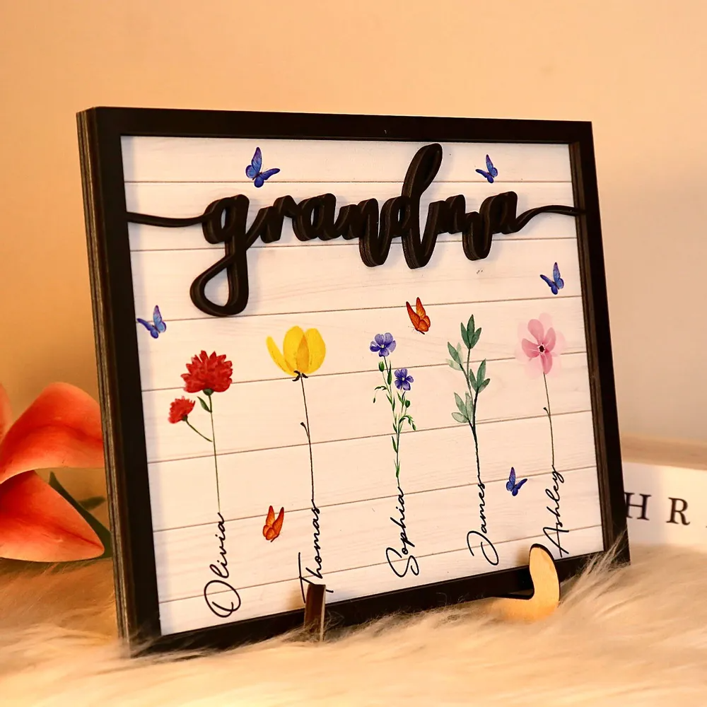 Tableau en bois personnalisé avec fleurs et noms pour grand-mère, grand-père, maman et papa