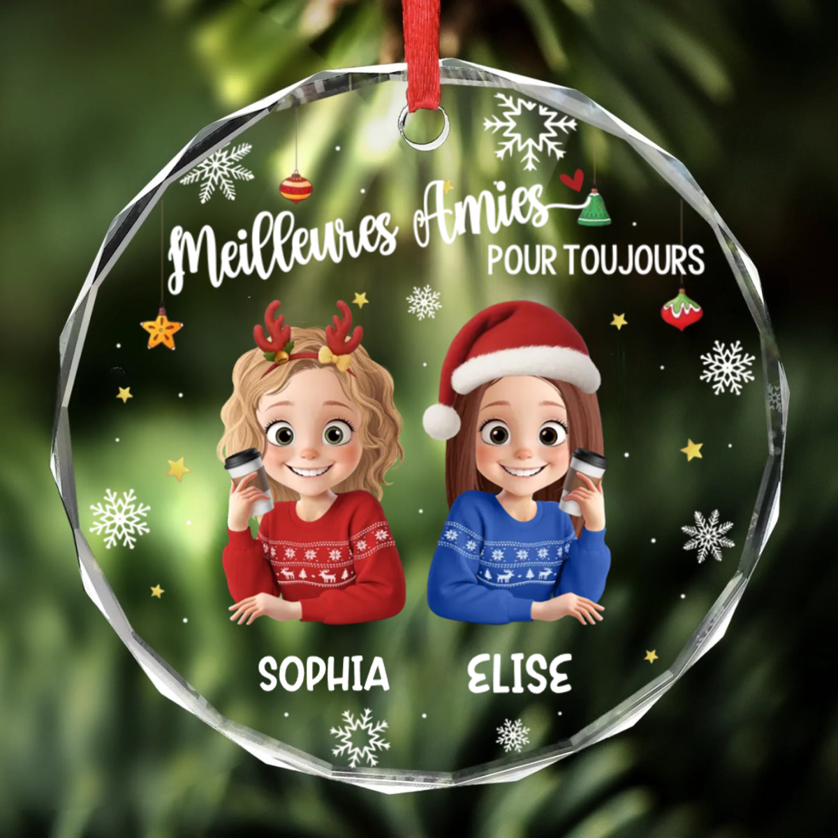 Décoration en verre personnalisée « Meilleures amies » – Décoration de Noël