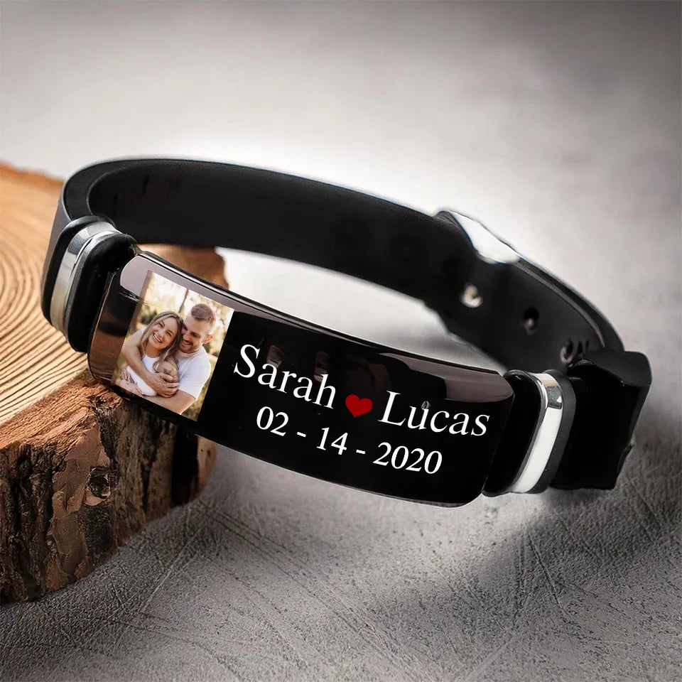 Bracelet en acier inoxydable avec photo et prénoms – Cadeau pour couple