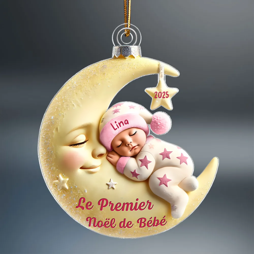 Premier Noël de bébé – Ornement acrylique personnalisé « Bébé sur lune »