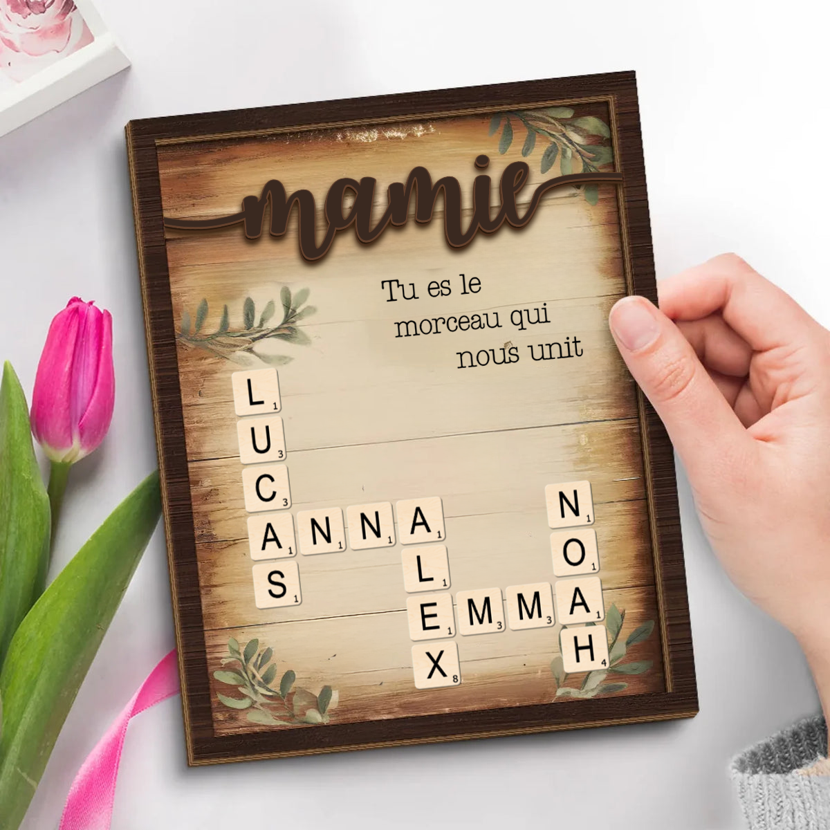 Tableau en bois personnalisé style mots croisés – Cadeau pour Mamie