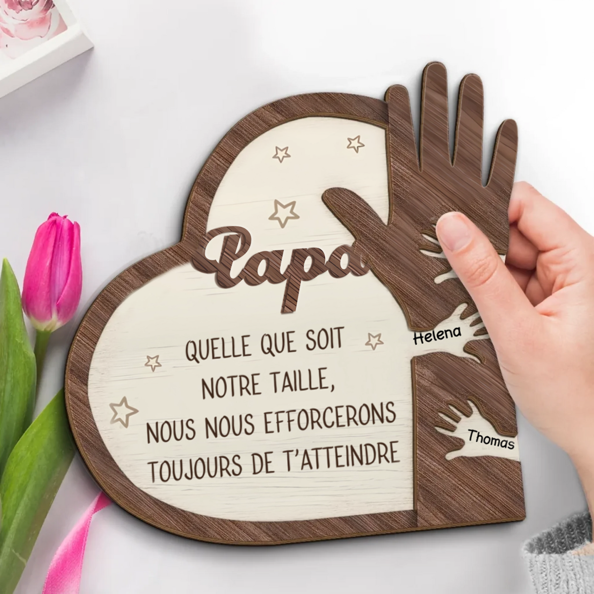 Tableau en bois personnalisé à deux couches "Main dans la main" pour Papa