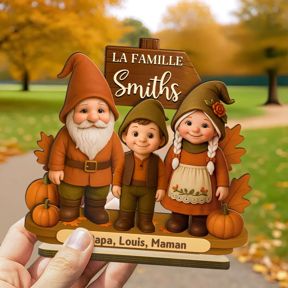 Famille de gnomes saison d’automne – Plaque en bois personnalisée avec noms