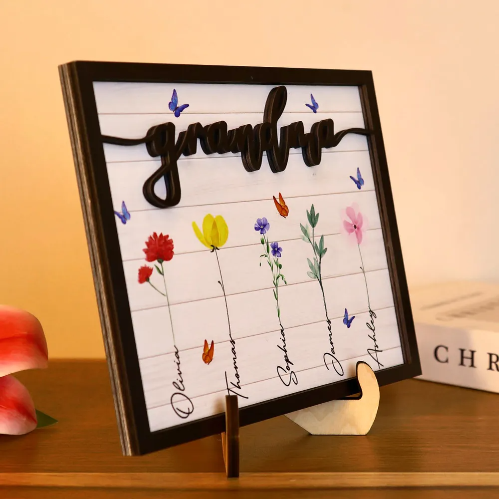 Tableau en bois personnalisé avec fleurs et noms pour grand-mère, grand-père, maman et papa