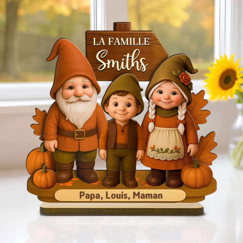 Famille de gnomes saison d’automne – Plaque en bois personnalisée avec noms
