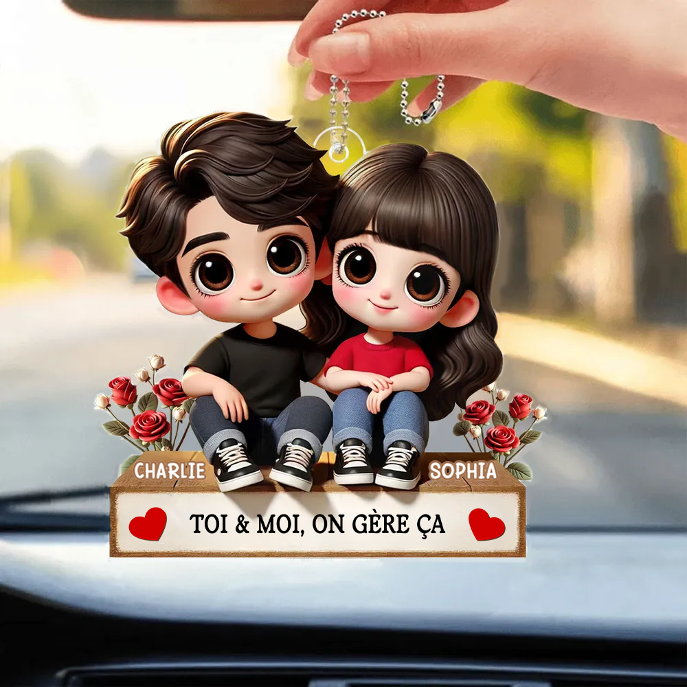 Pendentif en acrylique personnalisé avec illustration cartoon – Cadeau pour couple