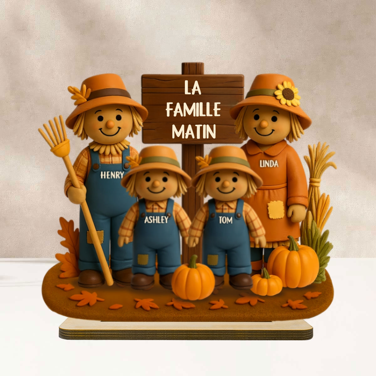 Épouvantails et citrouilles – Plaque en bois personnalisée pour la famille