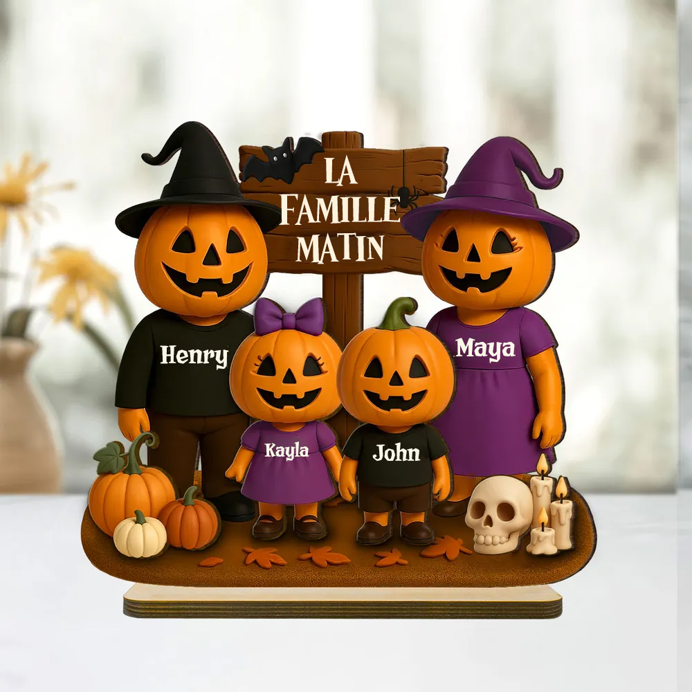 Famille Halloween avec citrouilles – Plaque en bois personnalisée avec noms