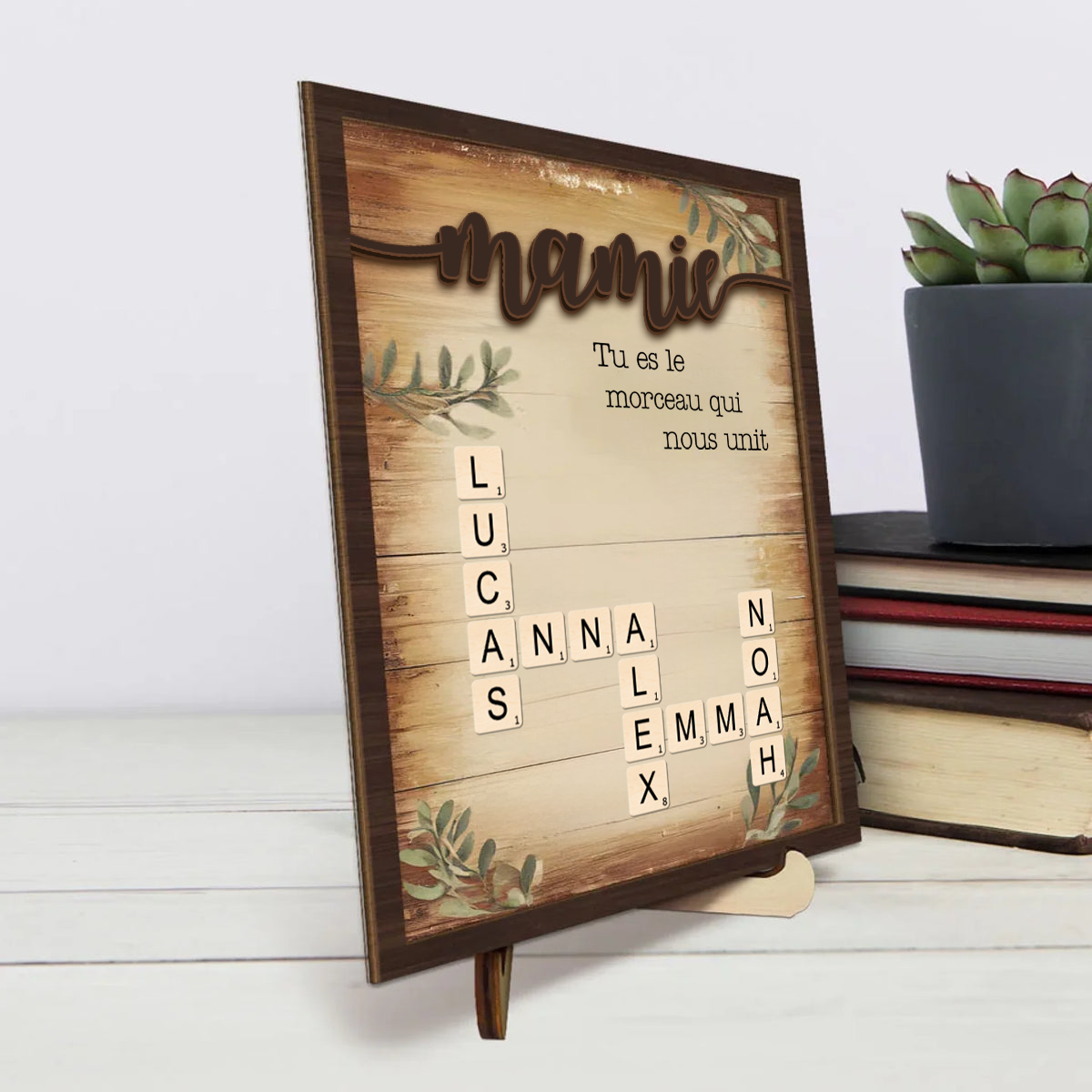 Tableau en bois personnalisé style mots croisés – Cadeau pour Mamie