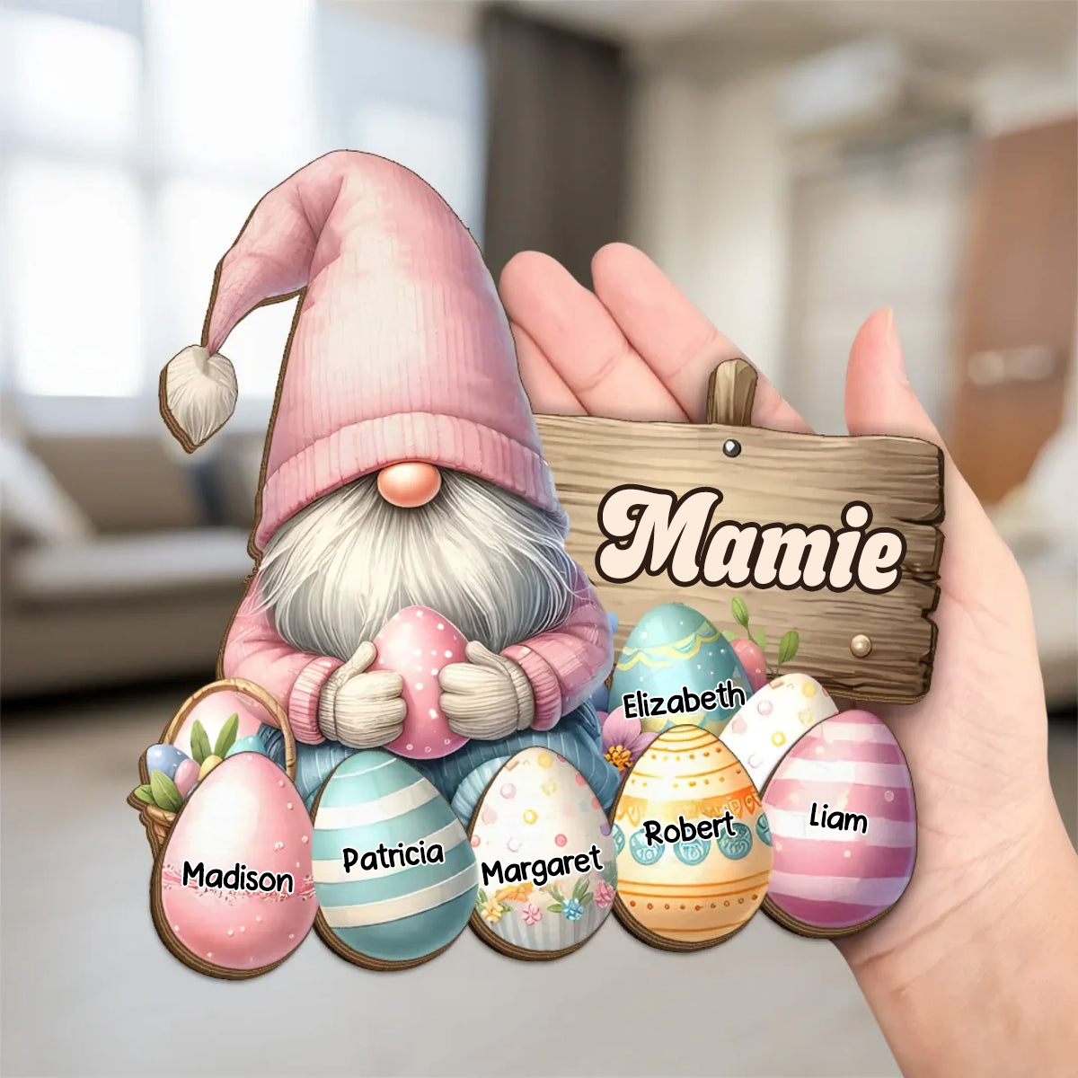 Plaque en bois personnalisée avec des nains et des œufs de Pâques – Cadeau de Pâques pour Mamie