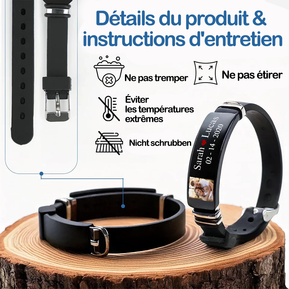 Bracelet en acier inoxydable avec photo et prénoms – Cadeau pour couple